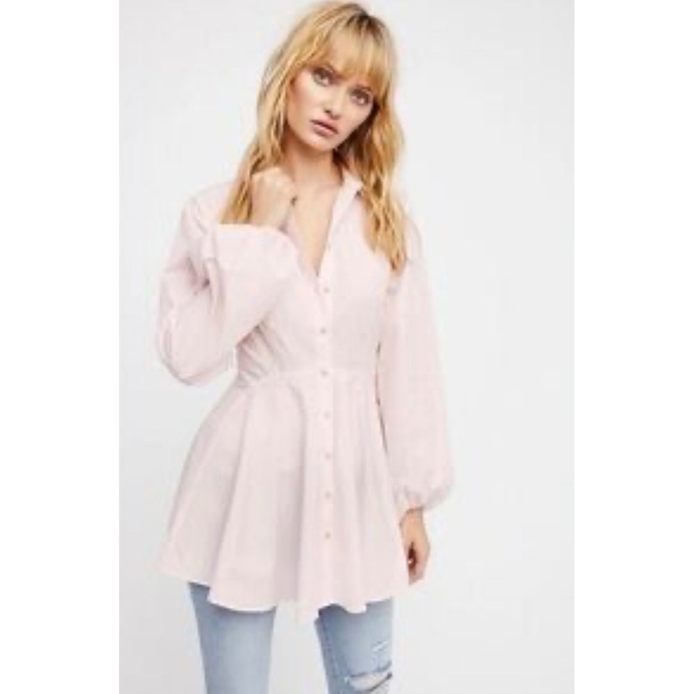Free People Pink‎ Cotton Poplin Peplum Tunic Button Down Shirt Long Sleeve NEW